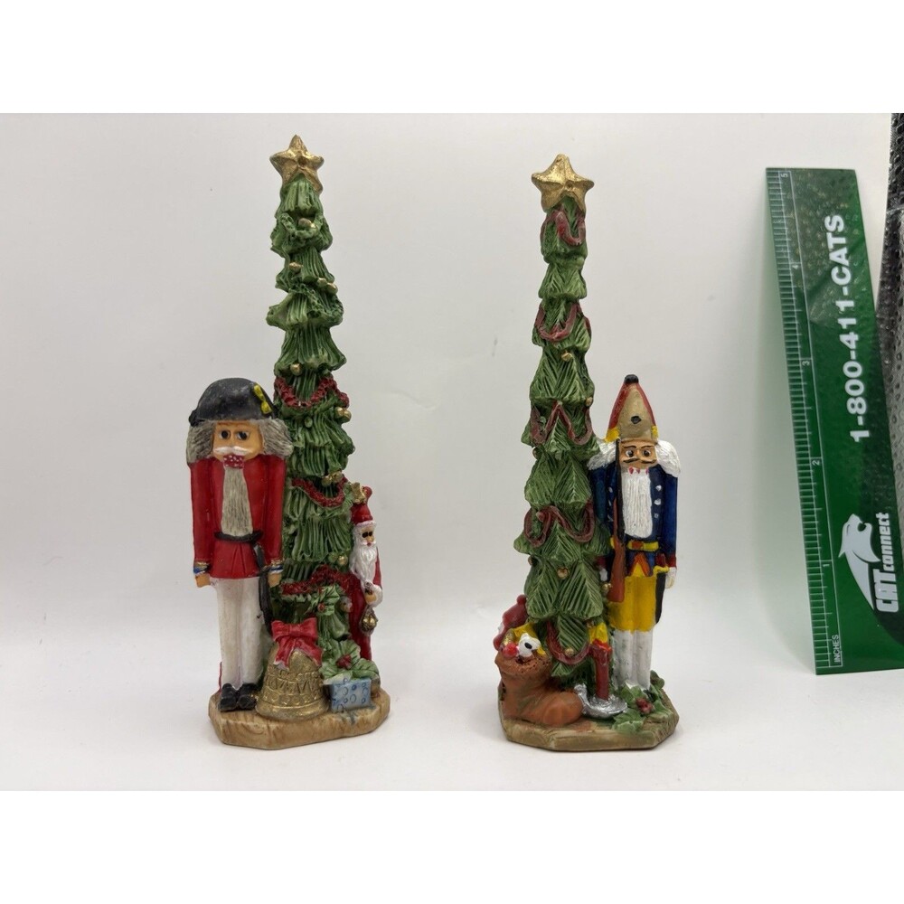 Vintage Christmas Nutcracker Santa Tree Figurines Resin Holiday Decor Set of 2